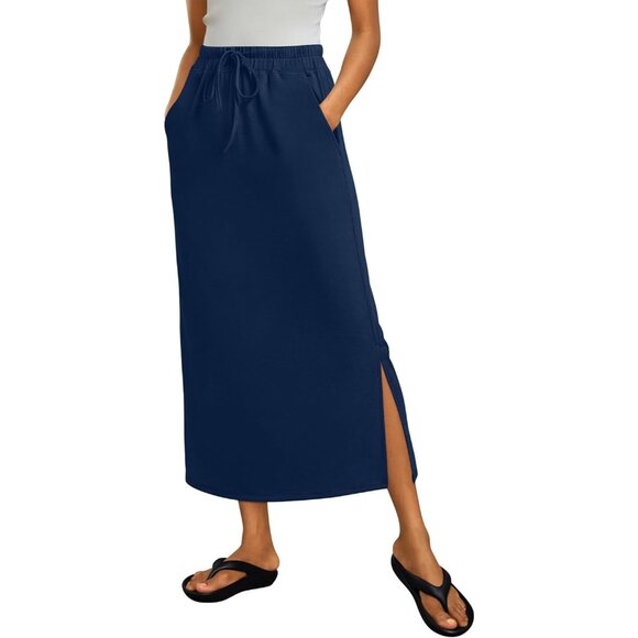 Dresses & Skirts - Women's Navy Blue Drawstring Side Slit Spring Casual Pencil Pockets Maxi Skirt